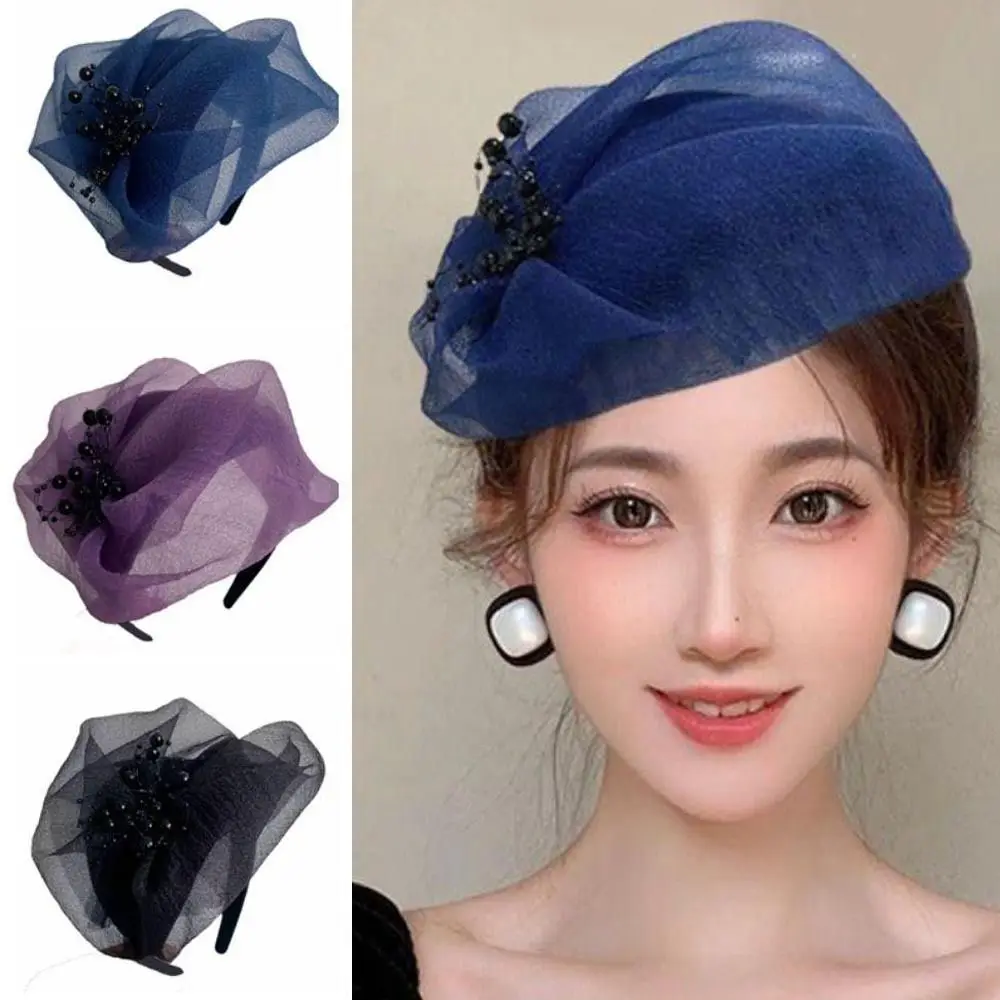 Elegant Beaded Mesh Hairband Women French Hair Accessories Mesh Veil Fascinator Hat Dinner Party Hairband Bead Yarn Half Hat