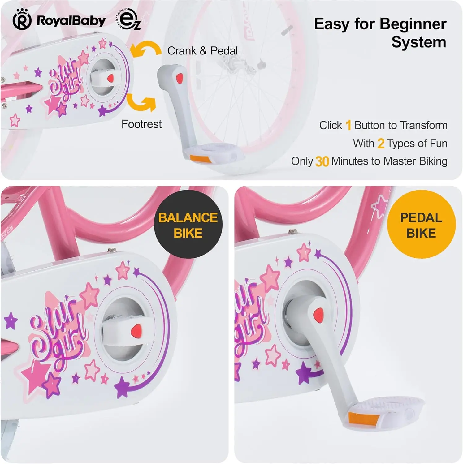 Bicicleta de Aprendizagem Fácil para Meninas, EZ Bike, Treinamento Stargirl, Equilíbrio Livre para Pedal, Rosa Rosa, 18 Polegada, 2 em 1, Iniciante