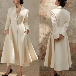 Elegant Women Long Coat Solid Color V-Neck Overcoat Lady Slim Fit Warm Single Breasted Blazer Jacket Skirt