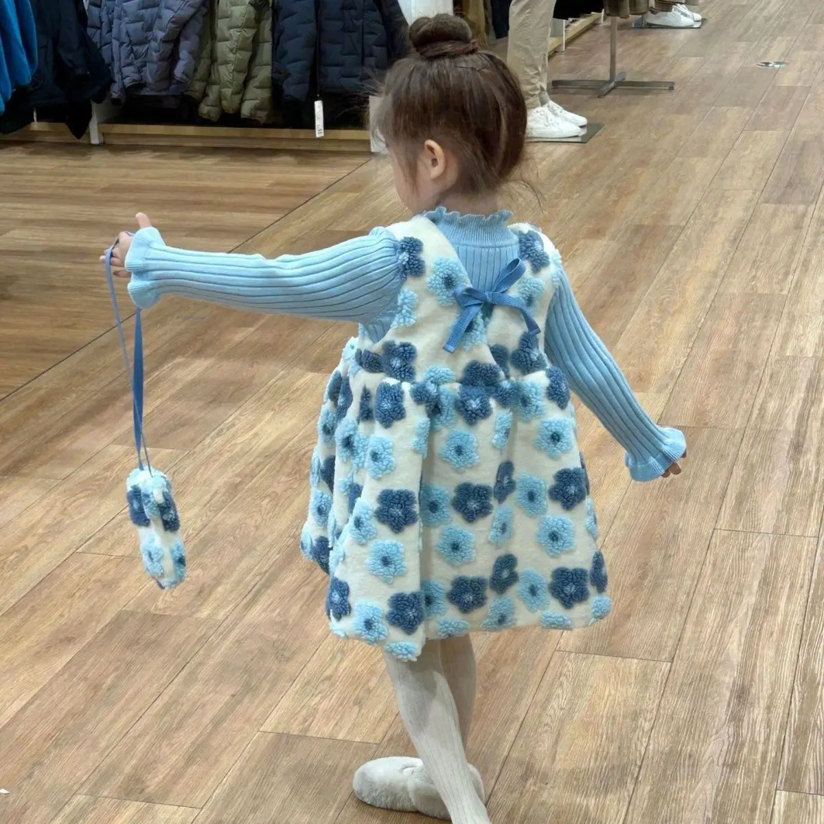 Winter New Girl's Ear Edge Sweater Flower Plus Velvet Vest Dress Baby Girl Western Winter Skirt Princess Style