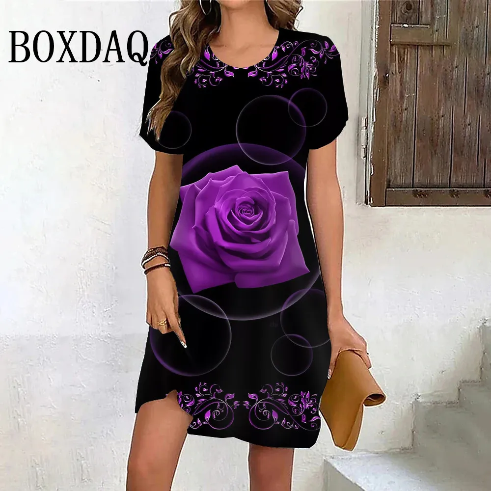 Women's Mini Dresses Summer Purple Rose Flower Short Sleeve Dress Casual Fashion Round Neck 3D Printed Loose Ladies New Clothes