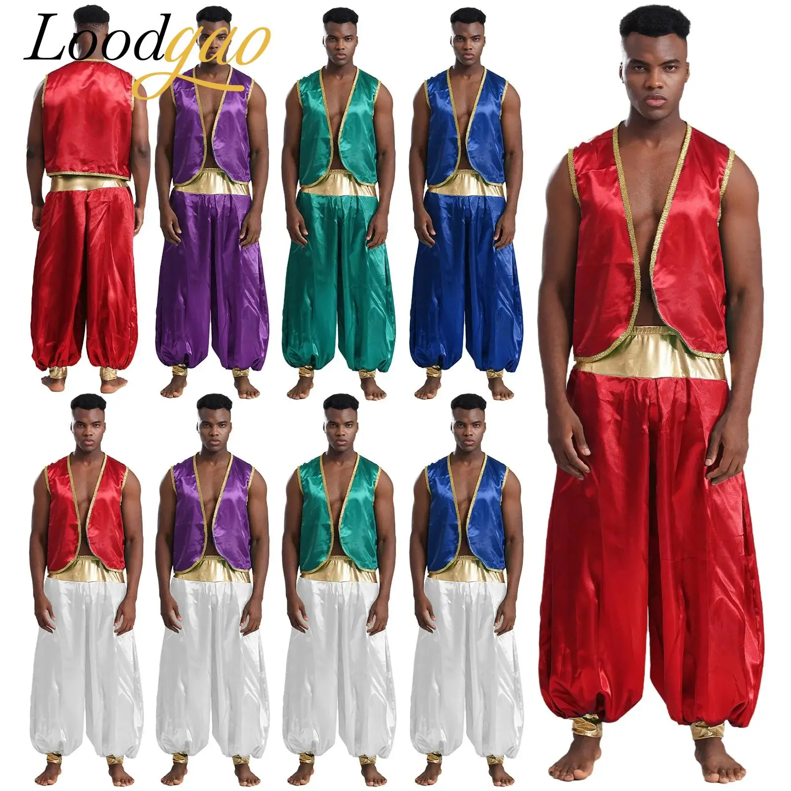 ملابس رجالي هندية أسطورية للهالوين الأمير العربي سترة وصمة عار صدرية ذهبية مع سروال فانوس أزياء تنكرية عربية