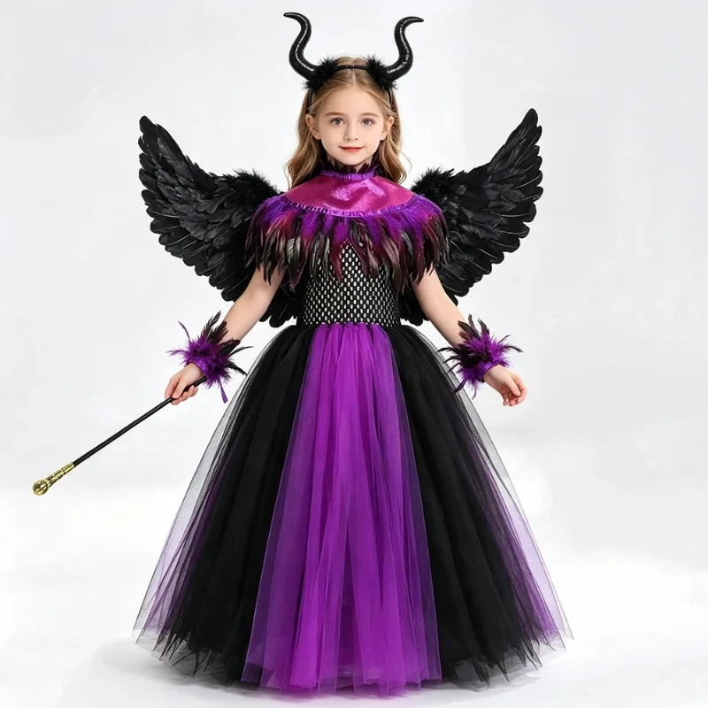 Evil Witch Cosplay Long Tulle Gown Black‑Purple Spliced Skirt, Horn Headband Black Feather Wings Wand for Halloween Costume
