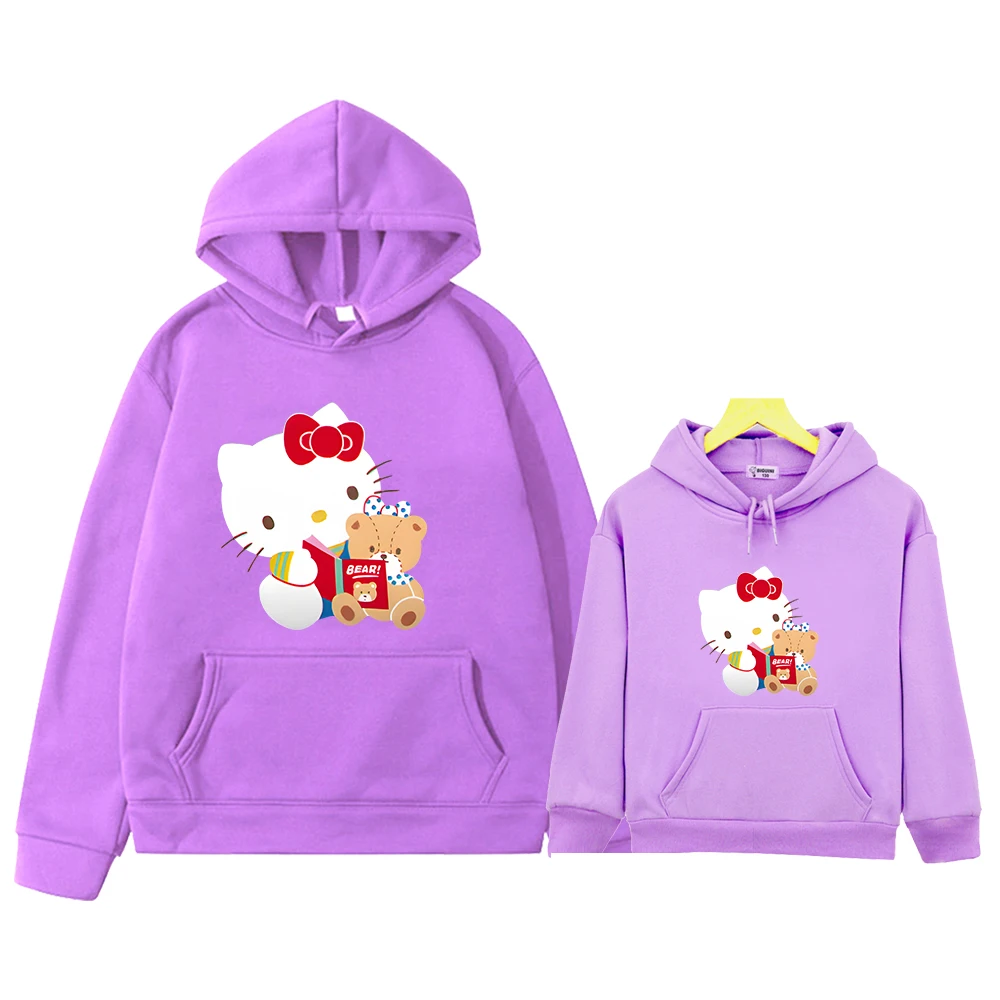 Sweats à capuche College Hello Kitty pour maman et fille, vêtements assortis, pull d'automne, chemise de protection Smile, tenue de famille décontractée, Y2K