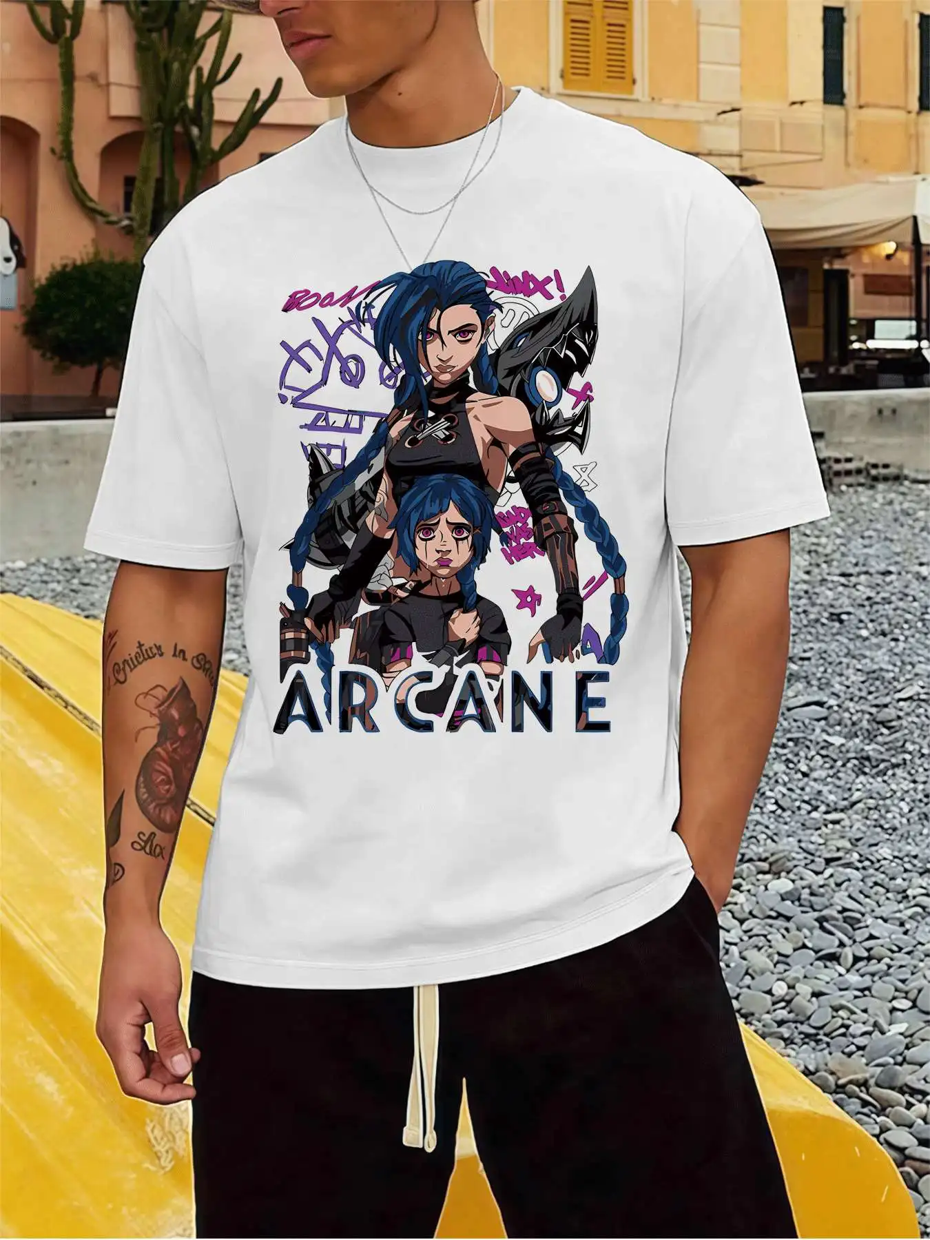

Arcane Jinx Powder Graphic Tee Men's 220gsm New Summer Casual Crew Neck Pure Cotton Short-Sleeved T-Shirt