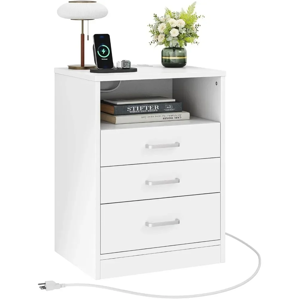 

Nightstand 3 Drawers with Open Storage,Side Tables Bedroom with Charging Station,Bedside Table with Drawers,White