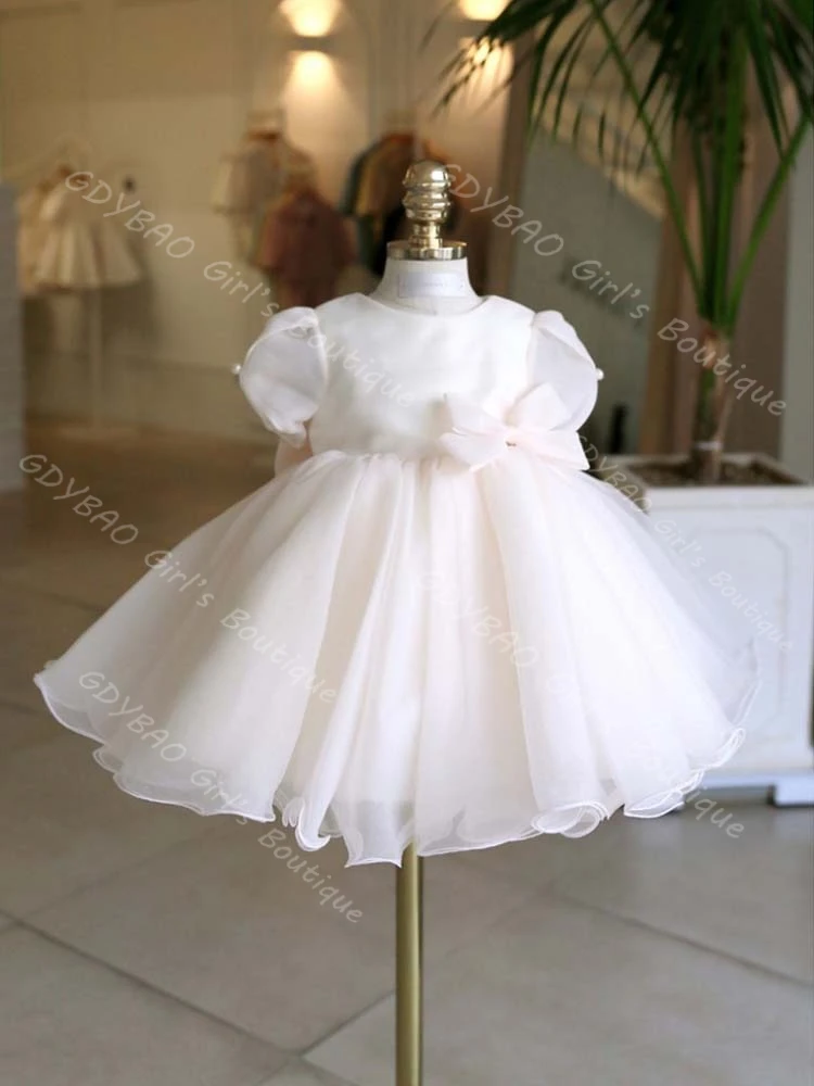 フリル付きオーガンザ幼児用フラワーガールドレス バブルスリーブ付き リアルイメージ ベビーガールズ初聖体ドレス カスタムパーティードレス