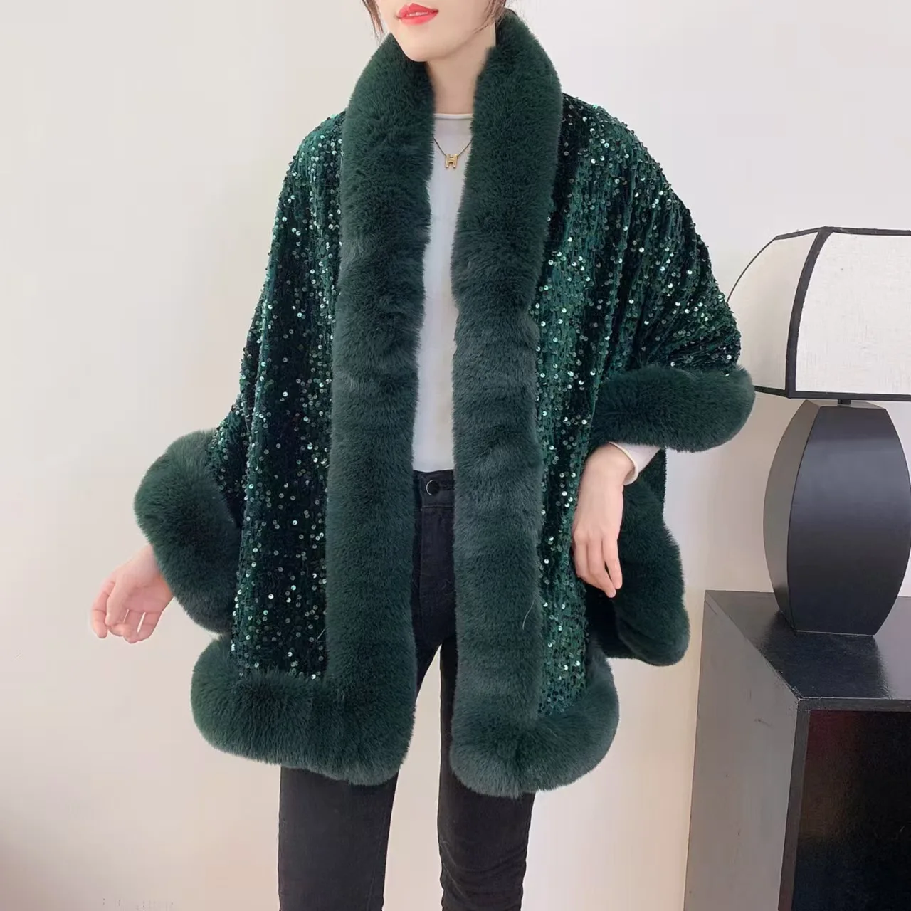 12 Colors Women Long Faux Rabbit Fur Sequin Fabric Cape Winter Poncho Warm Thick Loose Shawl Outer Wear Wedding Party Wraps