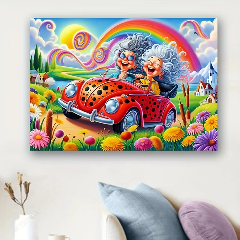 จิ๊กซอว์ 1000 ชิ้น ฉากพี่น้องน้องสาวขับรถ - รถสีแดงสดใสพร้อมผู้สูงอายุและดอกไม้หลากสีสัน แบบไม่มีกรอบ สำหรับคนรักงาน DIY