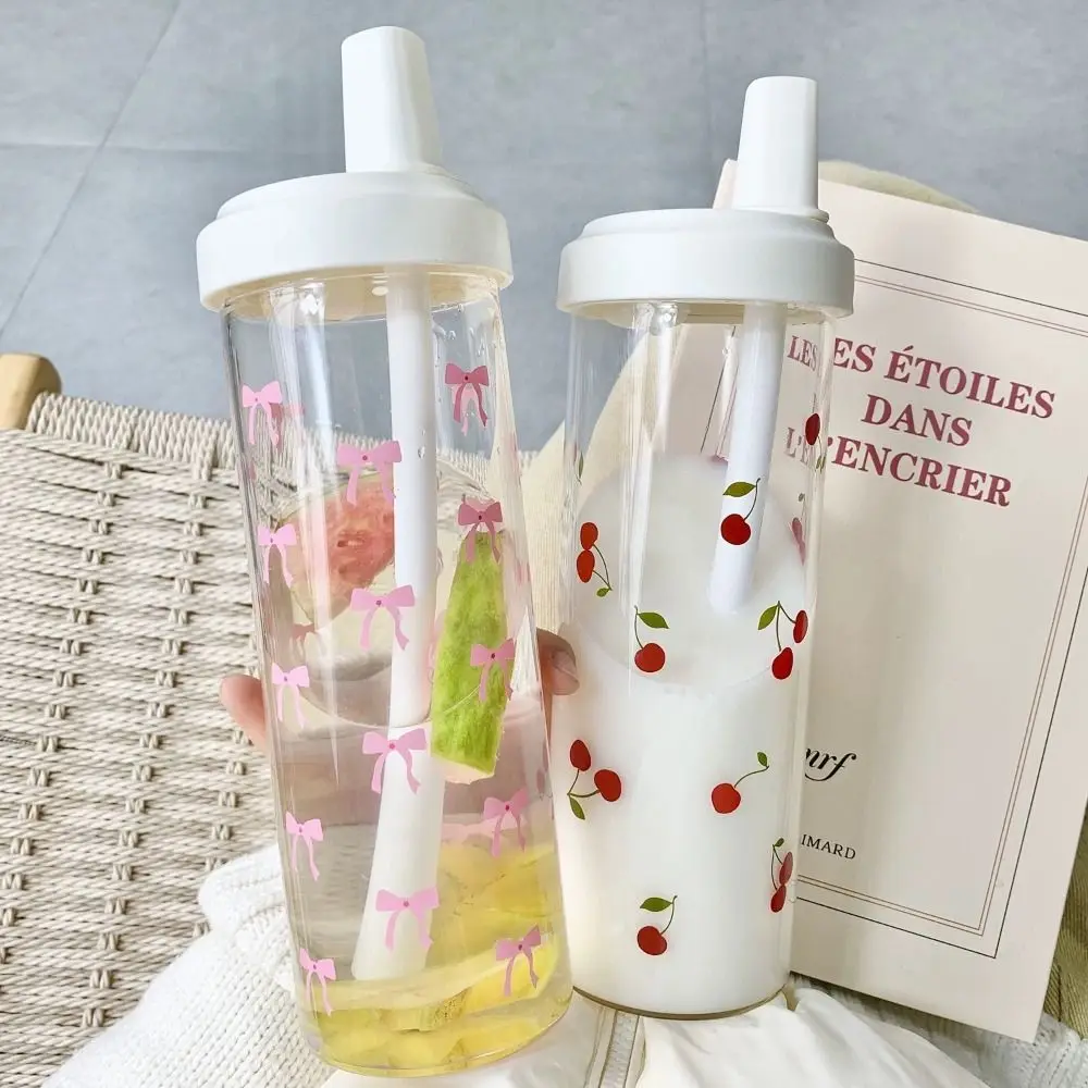 Bonitas botellas de agua con lazo de 500/700ml, taza de plástico para jugo de leche con tapa, tazas de té y café con burbujas de paja, vajilla de gran capacidad