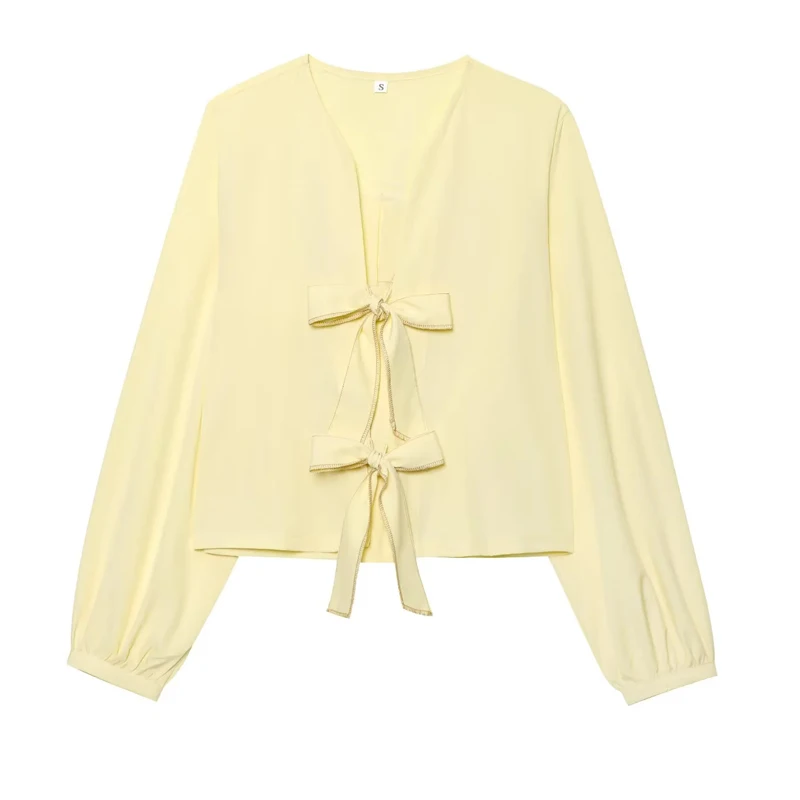 HXAO Camicetta a righe Donna 2025 Cravatta corta Camicetta bianca Top a maniche lunghe Camicetta primavera estate Tagliata Bellissime camicette da donna