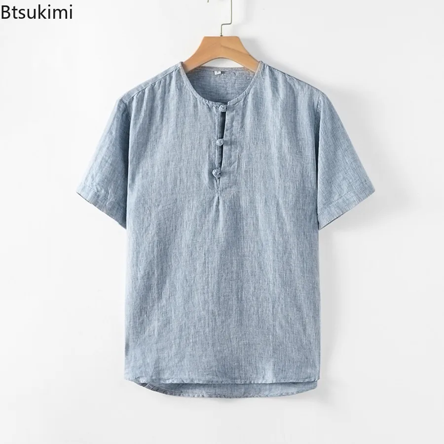 New Men's Loose Thin Chinese Style Short Sleeve Shirts  SummerRetro Tang Suit Top Traditional Frog Button Casual Hanfu Blouse
