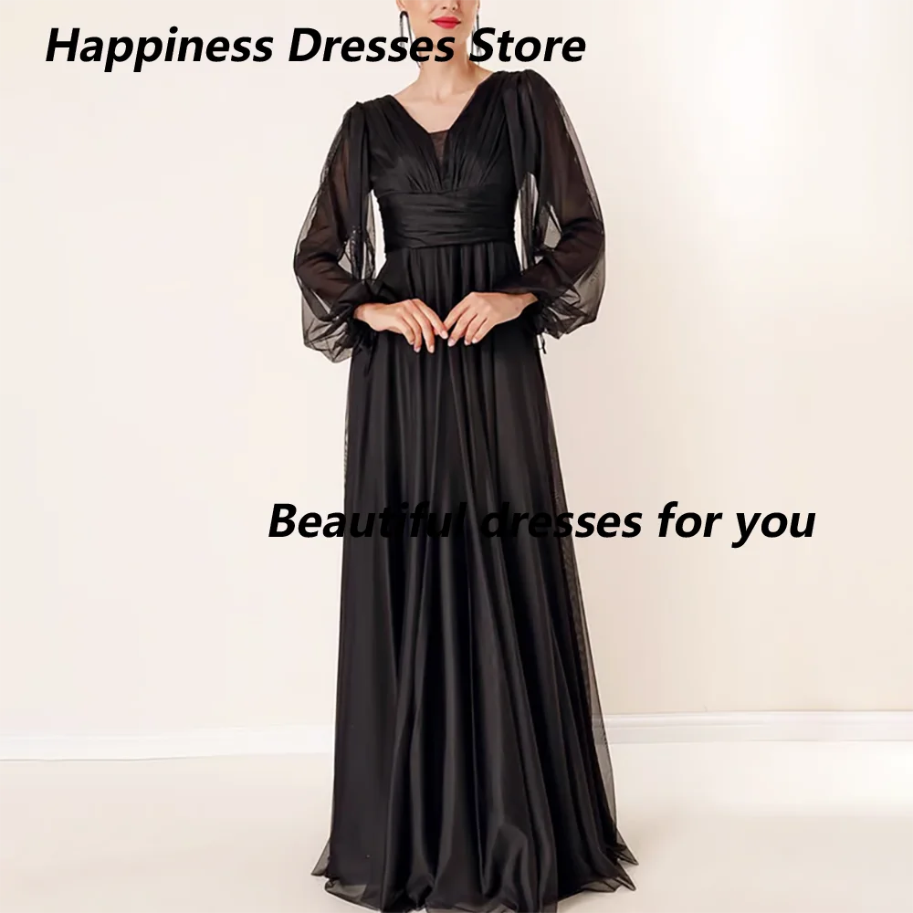 

Long Sleeves Evening Dress Customized V-Neck Floor-Length Pleats Tulle/Satin Prom Dresses Formal Party Dress Custom Size