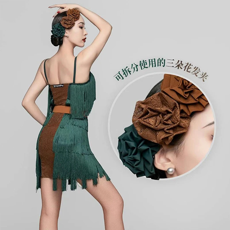 Sukienka do tańca latynoamerykańskiego damska na ramiączkach zielono-szara sukienka z frędzlami dla dorosłych Cha Cha odzież do ćwiczeń seksowna sukienka na zawody latynoskie DNV20763