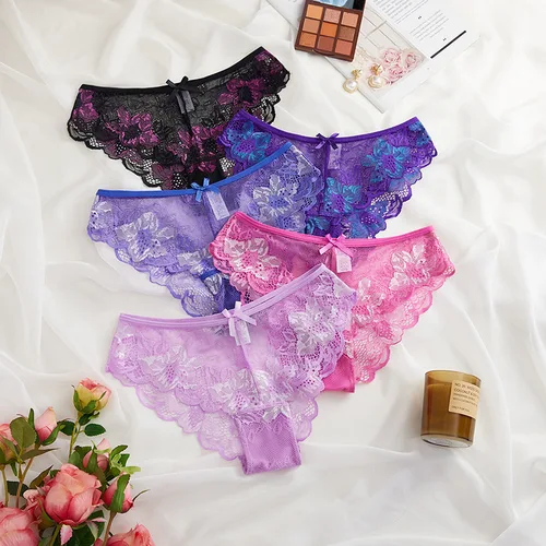 Imagen 2 del producto 3 uds bragas de mujer, ropa interior Sexy de encaje para niñas, ropa interior bonita de talla grande, bragas transpirables de cintura baja sin costuras para mujer