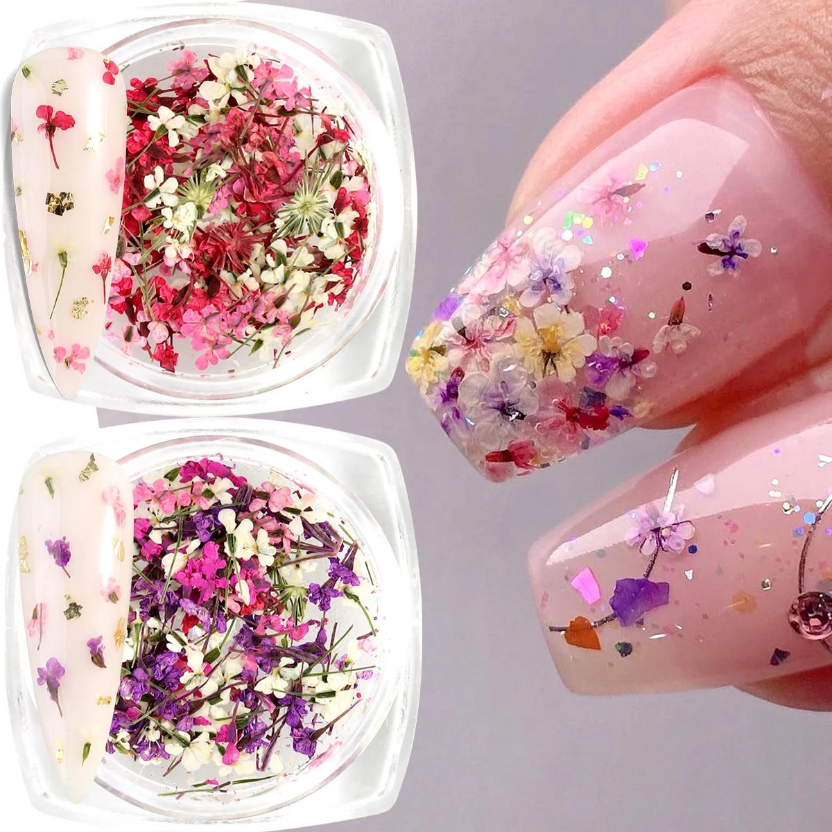 Adesivo de resina para unhas com flores 3D em cores misturadas - Decalque de flores naturais picadas para decoração de unhas, acessórios e apliques DIY.