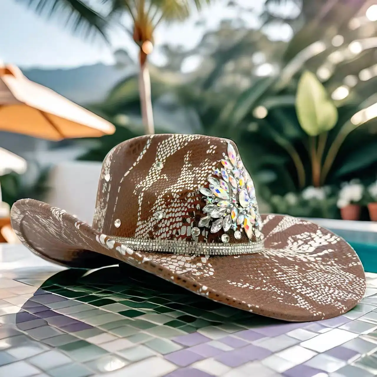 HongLuan Brown Glitter Costume Hat Adult & Cowboy Hats Rhinestone for Woman, Cowboy Cosplay Female Accessories & Cowgirl Cap