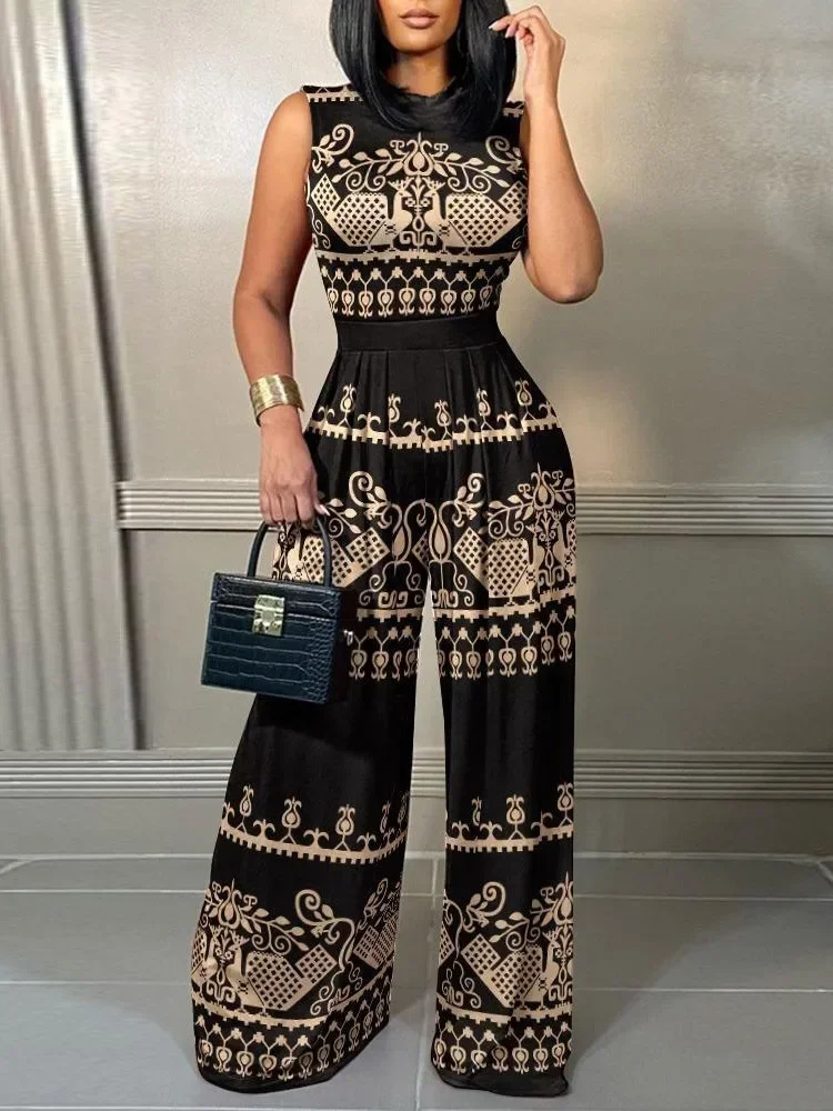 Elegant Women Wide Leg Long Jumpsuits 2024 Spring Summer Fashion Printed Sleeveless Casual Holiday Bodysuits Jumpsuits Trousers