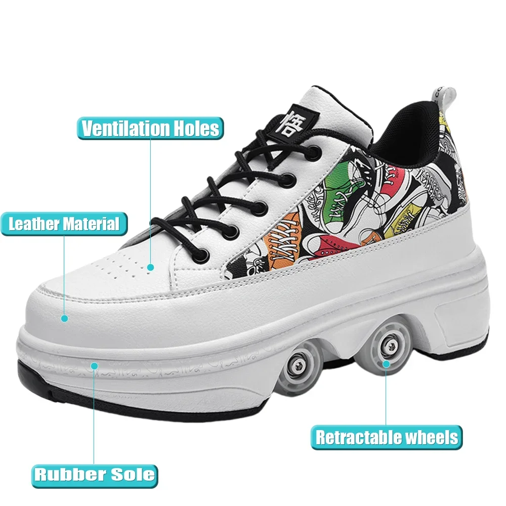 Boys Fashionable Outdoor Roller Skates Adult 4-Wheel Transformed Roller Shoes Unisex Kids Girls Casual Wheeled Sneakers