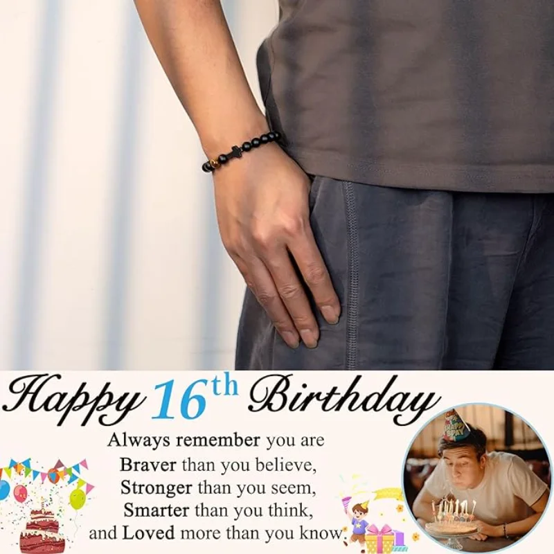 10th-60th Birthday Gifts Black Frosted Tiger Eye Gemtone Cross Bracelets for Boys Men Son Grandson Boyfriend Dad Grandpa Friend