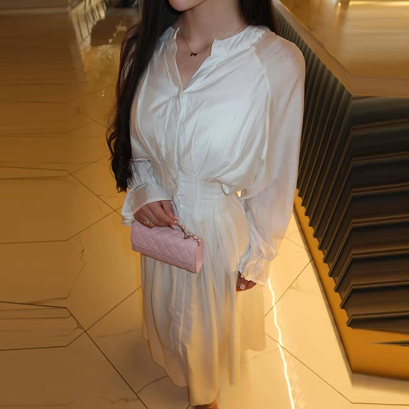 Frühling Langarm Einfarbiges Plissiertes Maxikleid Damen V-Ausschnitt Einreihiges Bürokleid Lässiges Hochgeschnittenes Schlankes Boho-Kleid