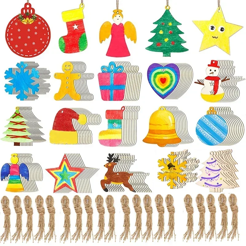 2026 Latest Top Quality 10/20/30Pcs Unfinished Christmas Wood Slices Pendants With Jute Twine DIY Tree Decor Crafts