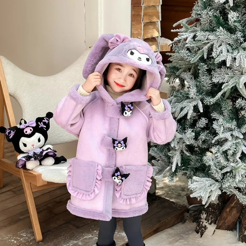 

Sanrio Kuromi My Melody Cinnamoroll Girl Coat Children Winter Cartoon Coral Fleece Kawali Keep Warm Girls' Gifts Y2K Hooded Coat