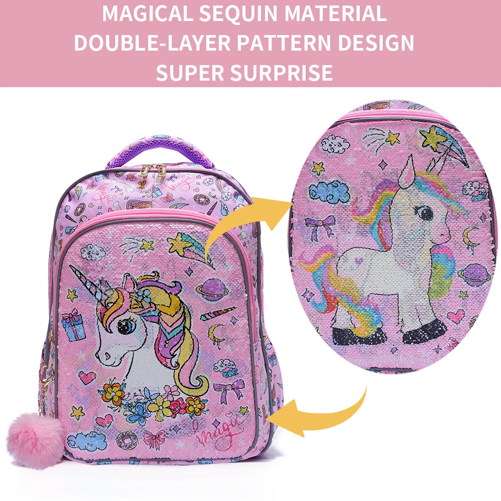 3PCS set Backpack For Girls Kids School BookBag With Lunch And Pen Bag Pink Unicorn Cute sequin Glow-in-the-dark Function