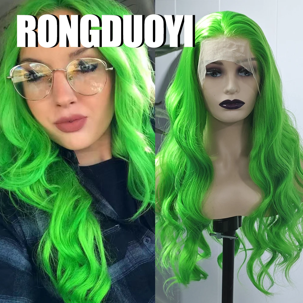 RONGDUOYI Green Cosplay Wig Body Wave Lace Front Wigs Free Part Green Hair for Women Natural Hairline Makeup Use Long Wave Wigs