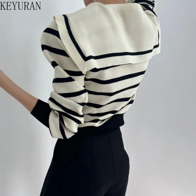 Koreański szykowny sweter z kokardą i marynarskim kołnierzem Kobiety Wiosna Jesień Vintage Długi rękaw Slim Pullover Dzianina Tops Casual Swetry