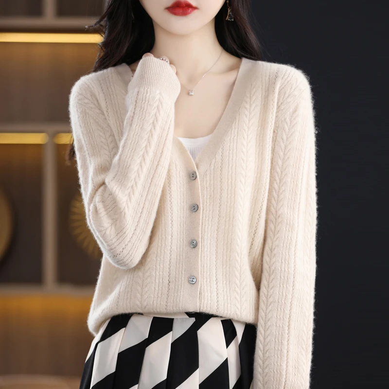 100% Wool Cardigan Womens Clothing V-neck Sweater Female Long Sleeve Tops Knitted Korean Fashion Warm New In Outerwear Cardigan