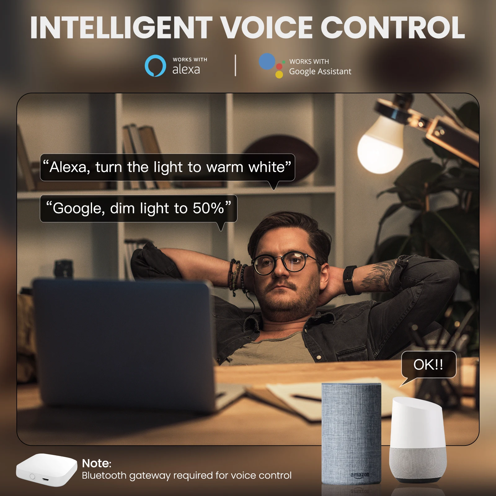 MOES-Lâmpada LED Inteligente Regulável com Bluetooth, E27, 9W, Lâmpadas TUYA, Cor de Festa, Dimmer Ajustável, Alexa, Google Voice