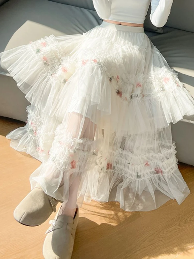 

Юбка-трапеция с высокой талией и кружевной отделкой из полиэстера, повседневная многослойная юбка для женщин на весну-лето