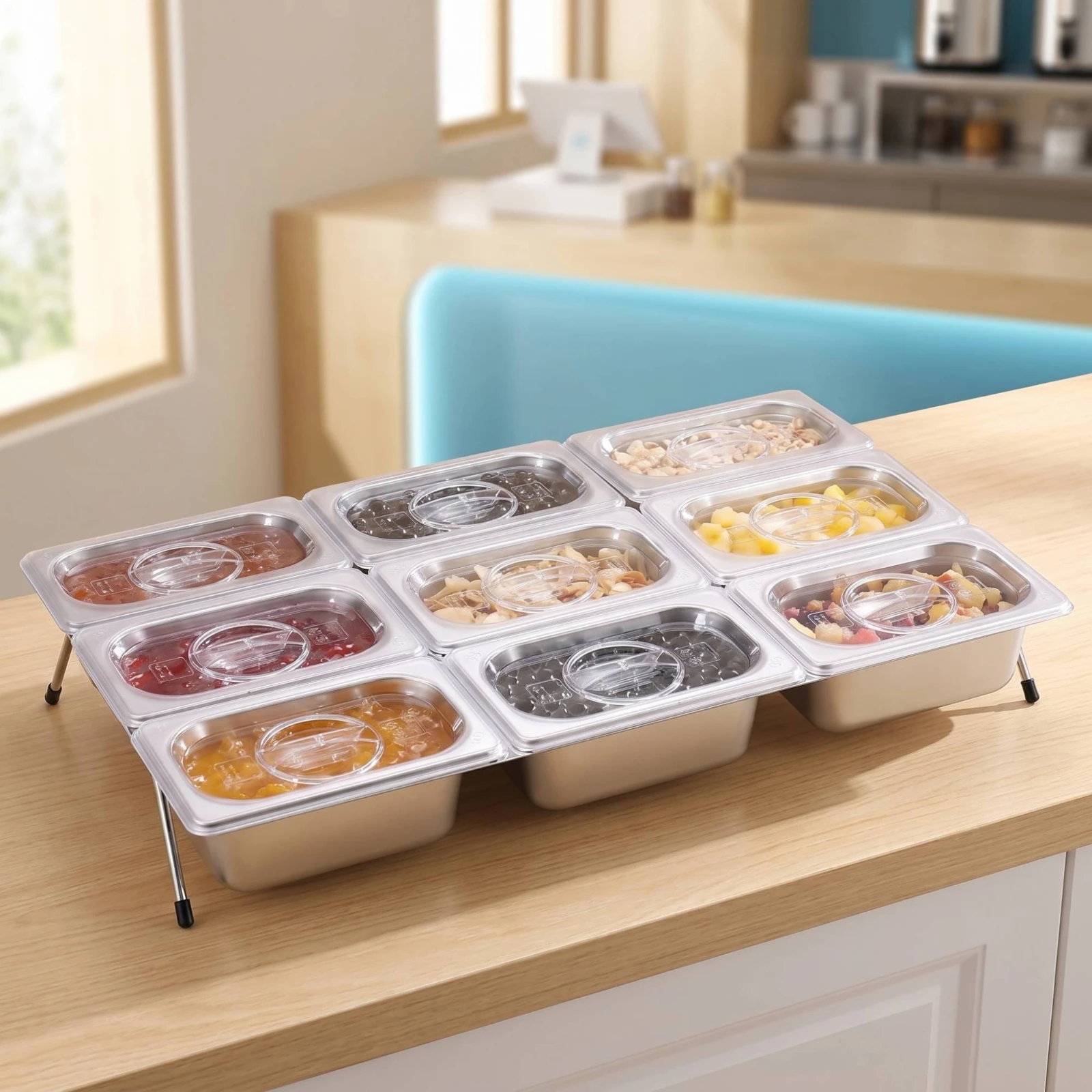 Stainless Steel Food Pan with Rack Easy to Clean 9-Compartment Food Pan with Lid Buffet Condiment Organizer with Stand