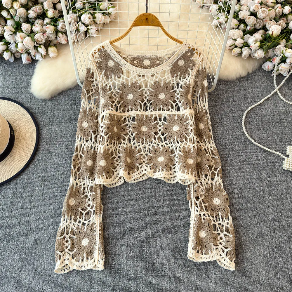 Daisy Crochet Knit Sweater Long Sleeve Sheer Open-knit Crop Knit Top Pullover dla kobiet Teen-girl Fall Winter Boho Beach Outfit