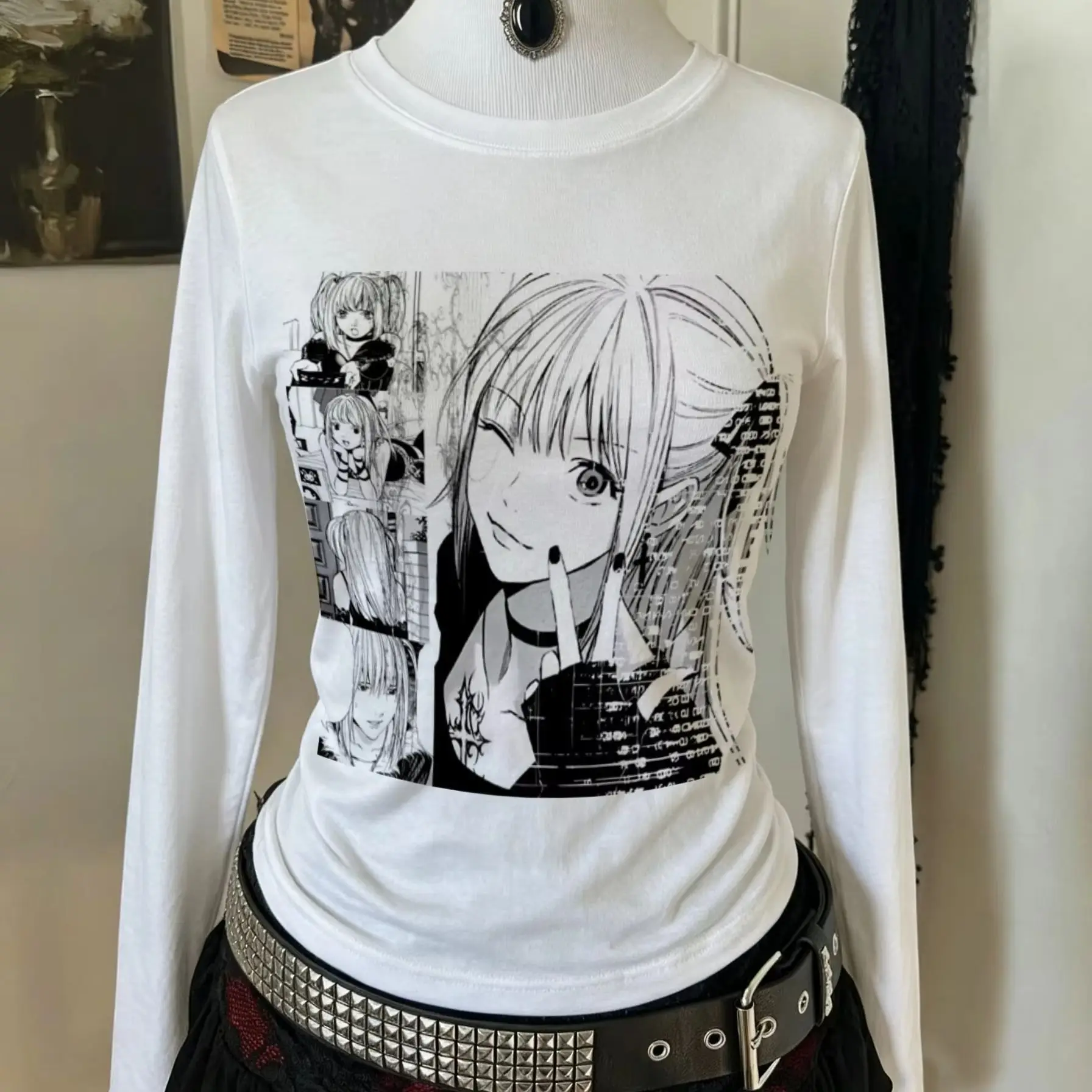 Damen Death Note Misa Amane Manga Panel Grafik Langarm-Oberteil Anime Y2K Harajuku Gothic Slim Weißes Crop-Shirt Streetwear – Detail 6