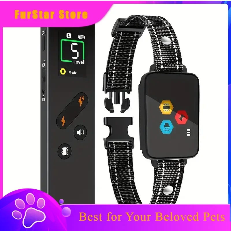 Furstar1000m Electric Dog Training Collar, Pet Remote Control Type-C Backlight Display Shock Vibration Sound Collar With Securit