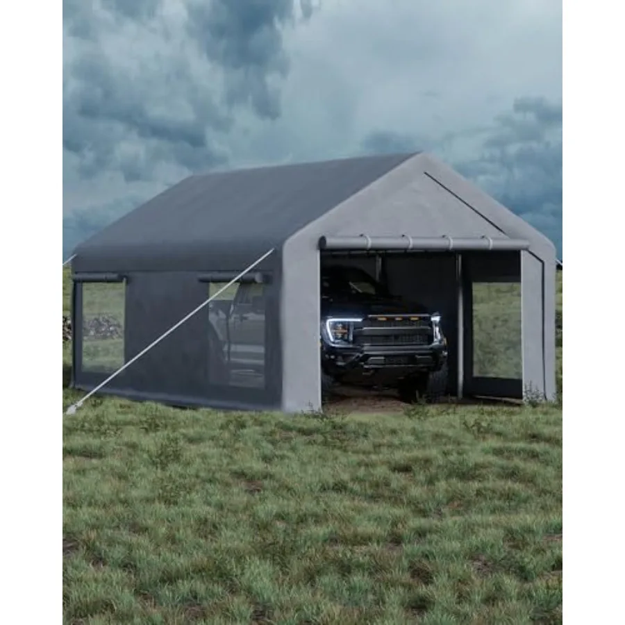 Portable garage for temporary paint booth, boats pickups shed, event shelter; 200 g PE tarp canopy; gray; roll-up doors windows