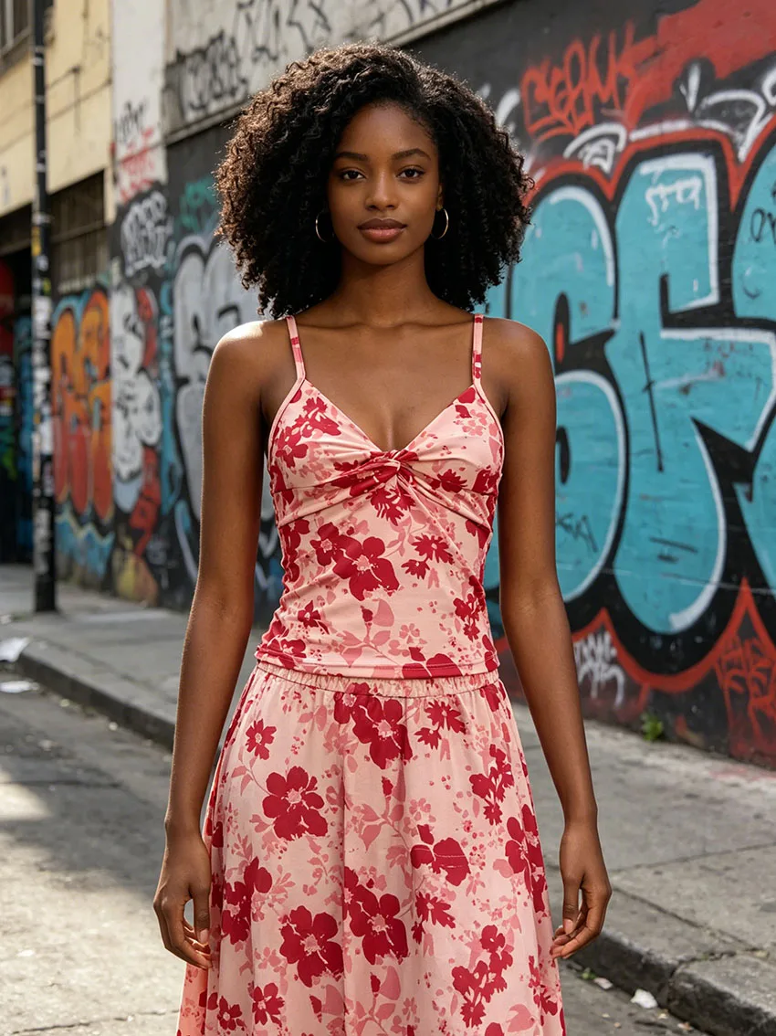 Y2K Ladies Ditsy Red Flower Print Vest V Neck Knotted Front Tiny Rhinestone Detail Adjustable Thin Straps Slim Fashion Tank Tops