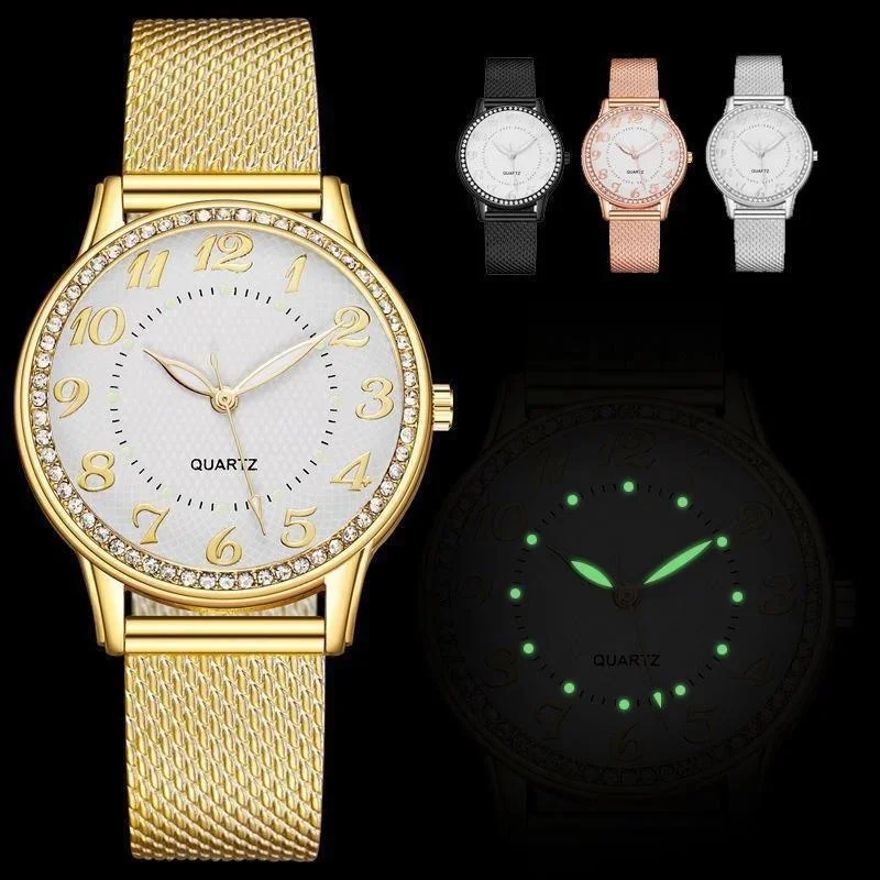 Moda luminosa senhoras relógios de pulso feminino luxo aço inoxidável prata malha cinta feminino relógio quartzo reloj mujer