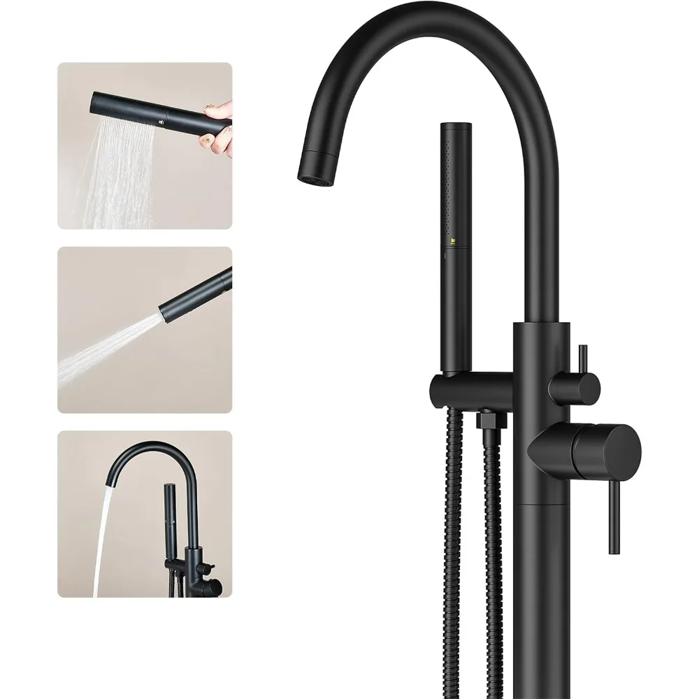 

Matte Black Freestanding Bathtub Faucet with Floor Mount and Dual Function Gooseneck Spout for Bathroom Tubs