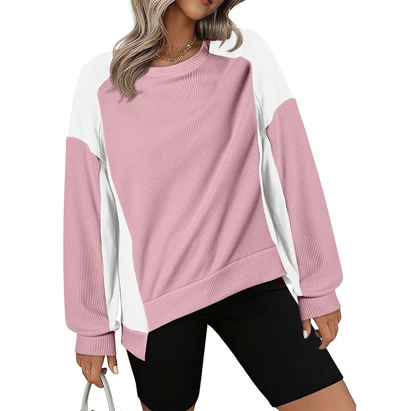 Autumn Winter Female New Sporty Sweatshirts Color Blocking Long Sleeve Irregular O-neck Pullovers Fashion Patchwork Elegant Tops