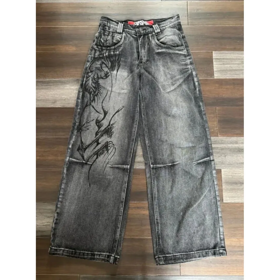 

New American Harajuku Vintage Print Jeans Y2K Women Waed G Straight Leg Clean Fit PVC Material ex Winter Faion