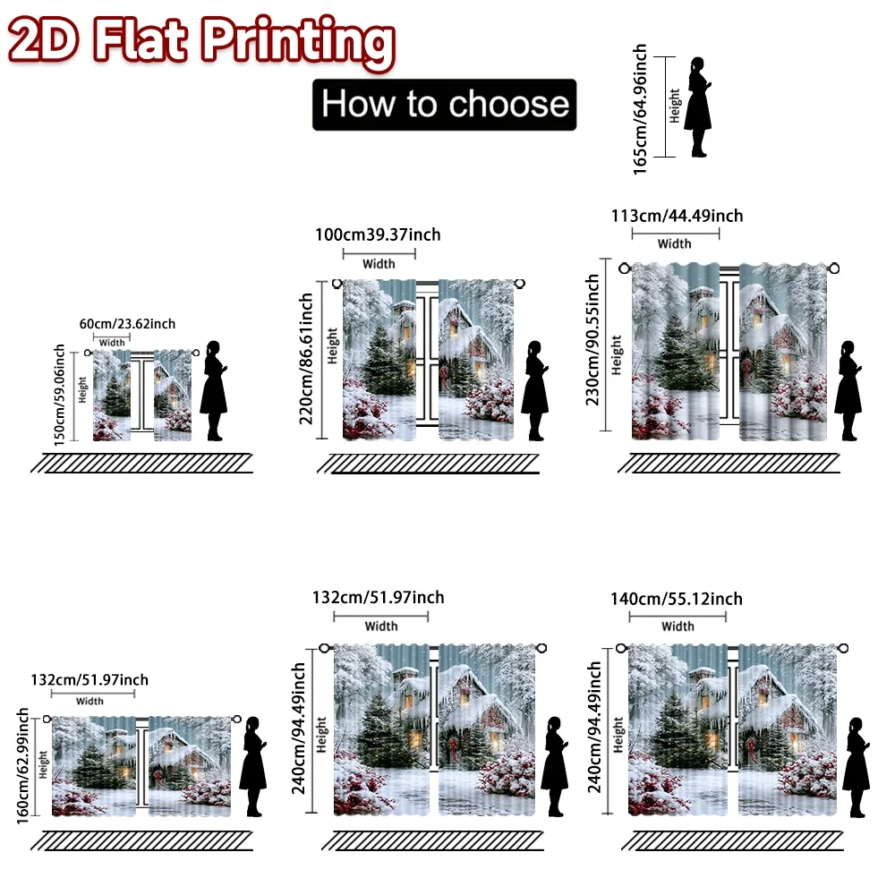 2D flat printing 2pcs Christmas Party Curtains Christmas Snowy Cottage Beautiful and stylish, 100% polyester fiber Festive Wall