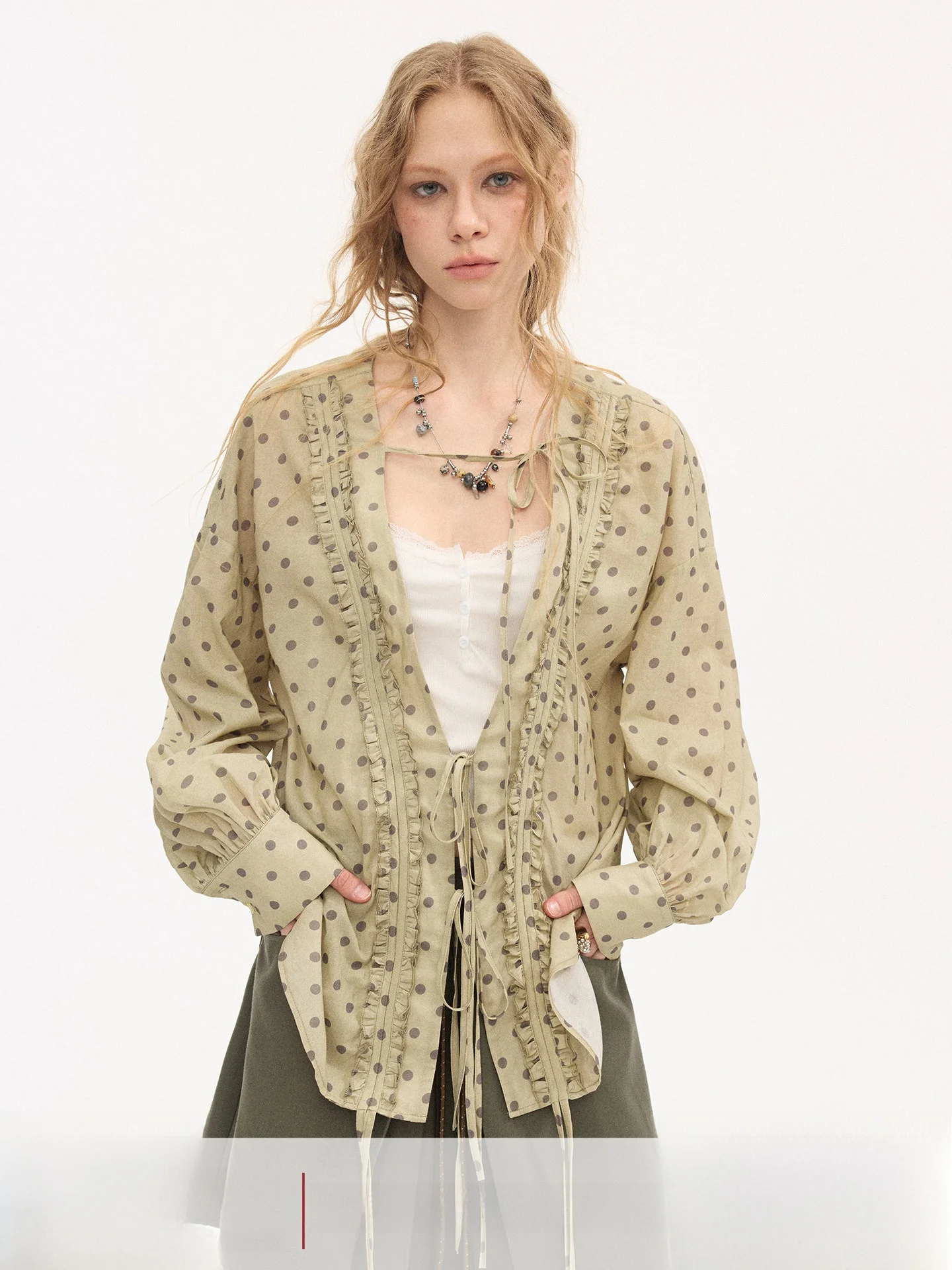 D IDDIMODA V-Neck Long Sleeve Blouse with Drawstring And Pleated Detail Versatile Checkered Shirt Spring 2026 Casual Style