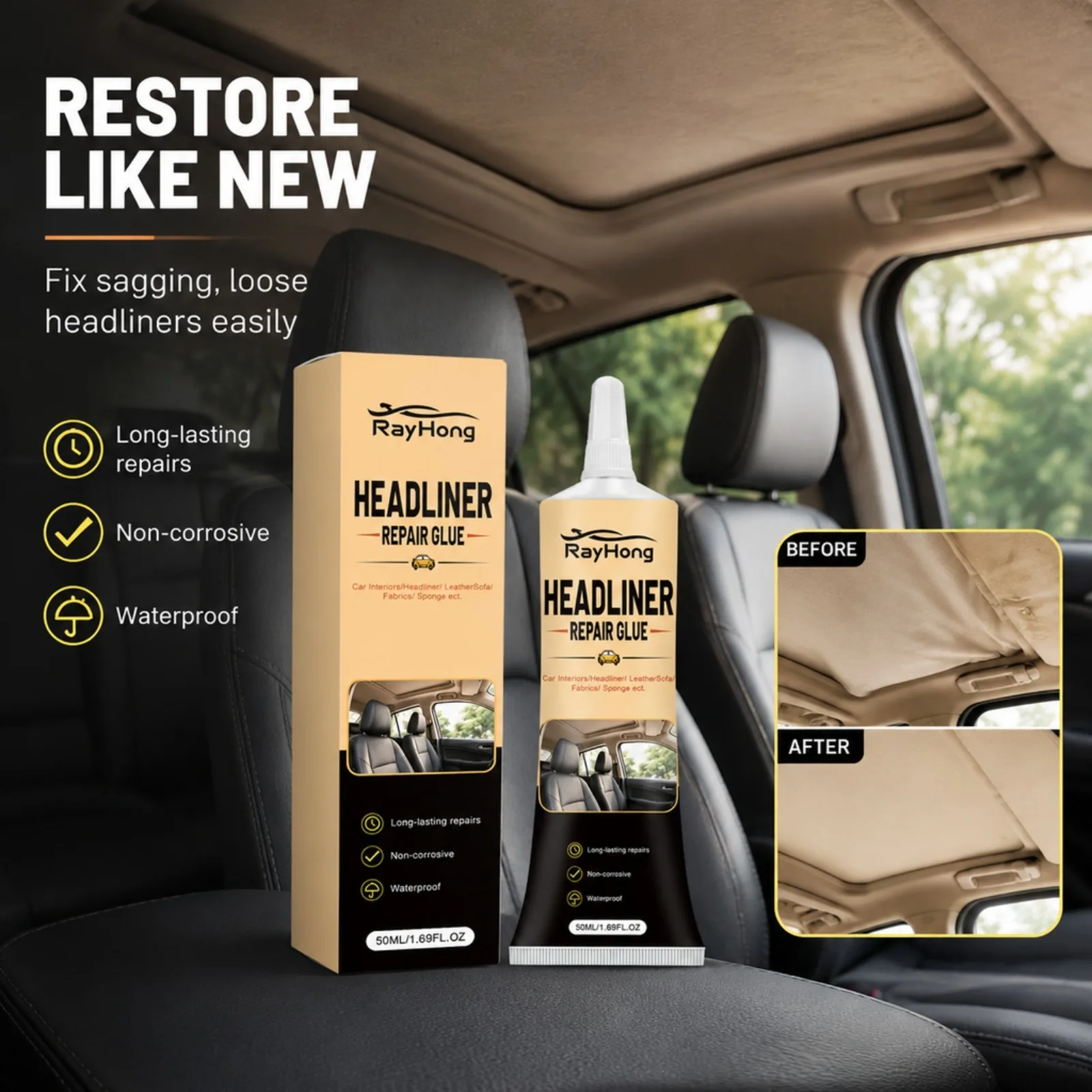 Headliner Repair Glue Car Roof Lining Adhesive Flexible Waterproof Bond for Leather Fabric Foam Non Corrosive Heat Resistant