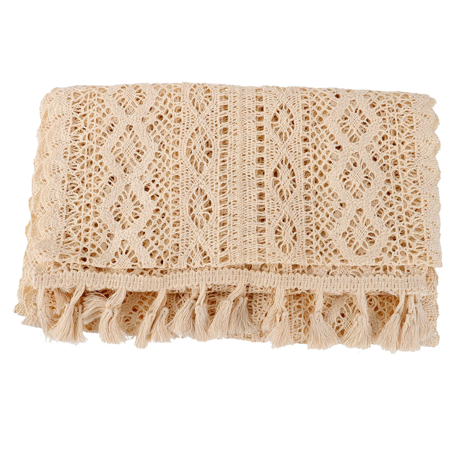 1Pcs Knitted Table Flag Beige Hollowed Lace Tablecloth Decorative Tasseled Table Cover Dining Room Festival Dinner
