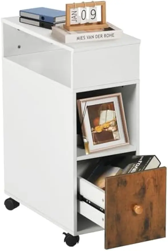 

Мобильный картотечный шкаф с выдвижным ящиком и двусторонними полками для хранения, вертикальный органайзер для файлов на колесиках для домашнего офиса - белый/коричневый
