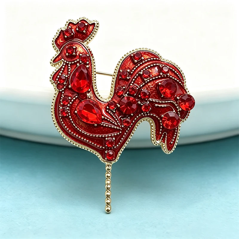 Wuli&baby Beautiful Crystal Cock Brooches For Women Unisex Red Handmade Chicken Animal Party Casual Brooch Pin Gifts
