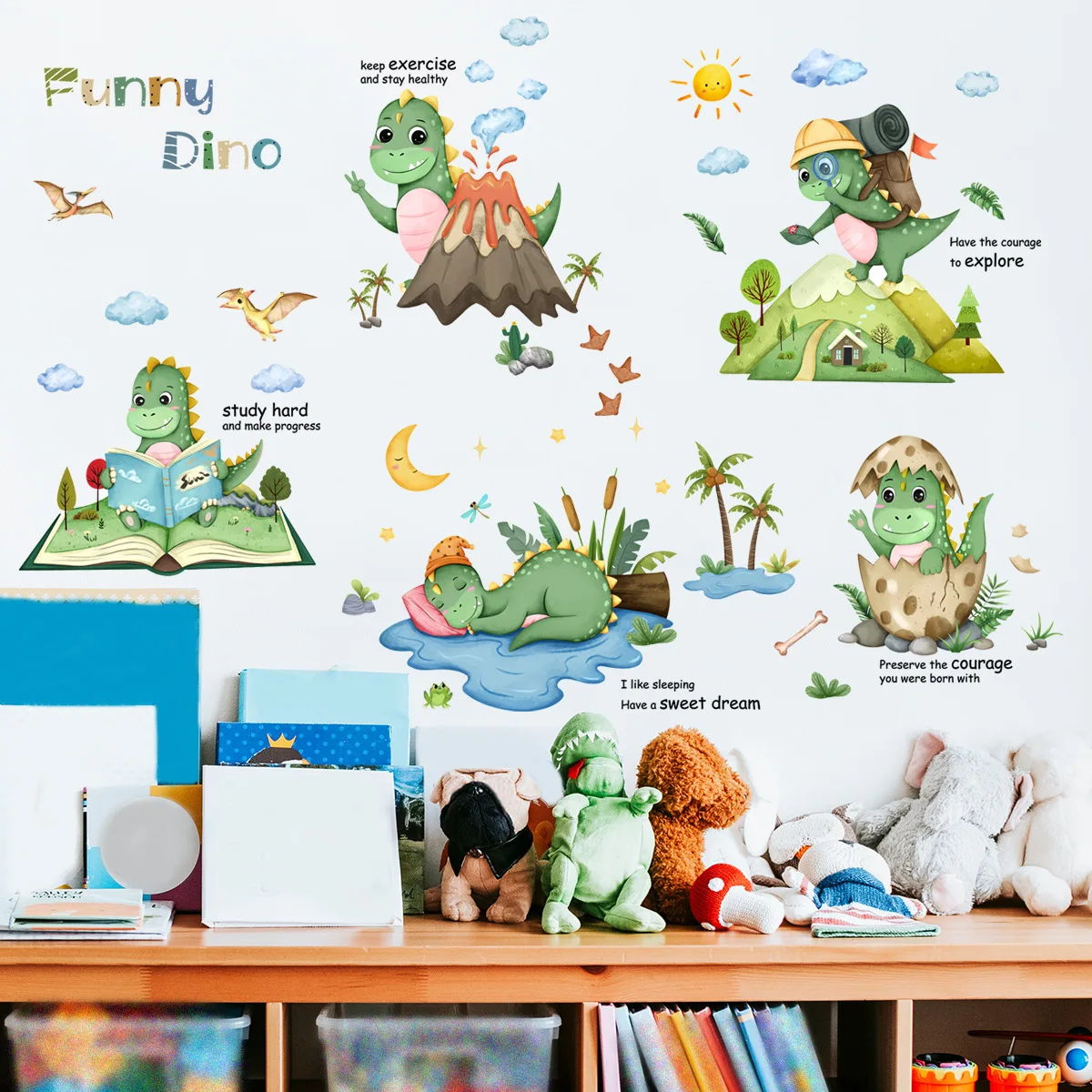 2pcs Creative Cartoon Animal Dinosaur Cloud Wall Sticker Backwall Living Room Bedroom Study Decorative Mural Wall Sticker Ms4243